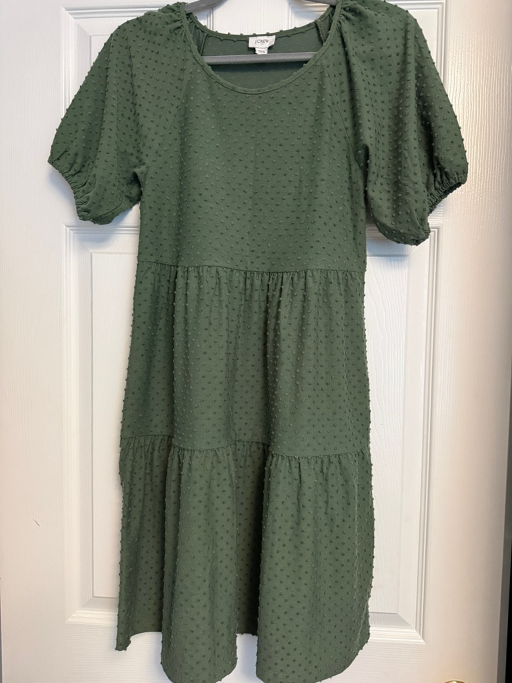 J. Crew Olive Green Swiss Dot Tiered Puff-Sleeve Dress